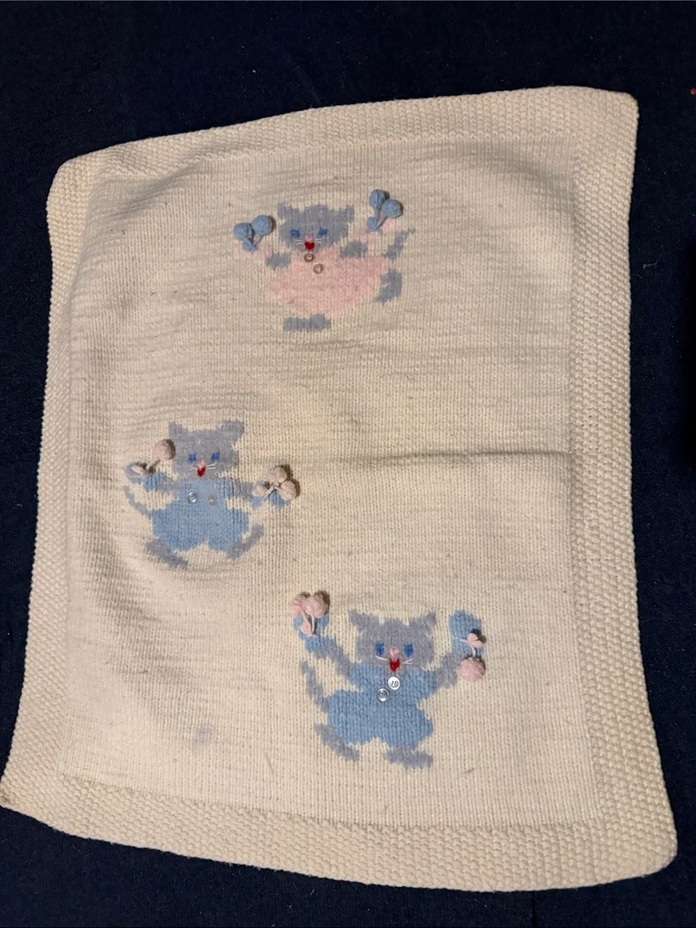 VINTAGE  Cream Baby Knit Blanket and pillow w/Blue kitten with pale pink pom pom
